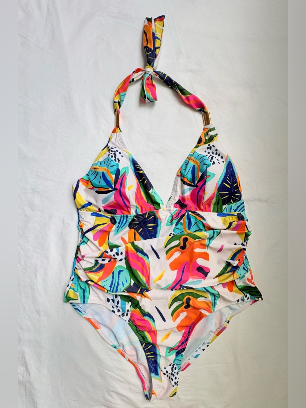 SHEIN Slaydiva 2XL Colorful Tropical Halter One Piece Swimsuit
